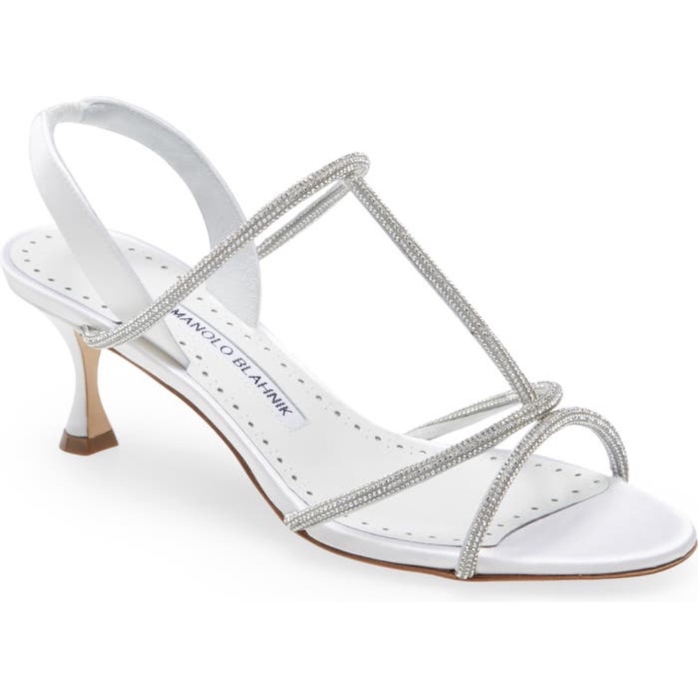 NWOT Manolo Blahnik Lucecry Satin Crystal Slingback T-strap Sandals sz 37